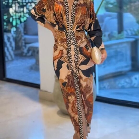 Versatile Casual Slit Midi Dress with Launch V-Neck for Women – A-Brown, Medium - Picture 4 of 7